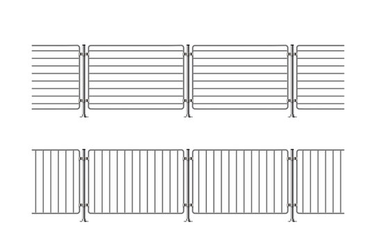 Metal fences with vertical and horizontal rails isolated on transparent. Steel balcony with balustrades. Realistic 3d vector illustration of guardrail banister for interior and terrace design