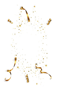 Gold confetti birthday background. Golden ribbons, stars and confetti pattern. Christmas, new year congratulations festive square banner. Luxury glowing vector illustration