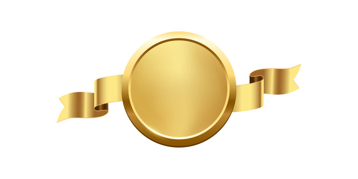 Gold medal with horizontal ribbon. 3d golden award badge isolated on white. Design element for labels, certificates, prizes, winners, sales, discounts, diplomas. Realistic vector illustration.