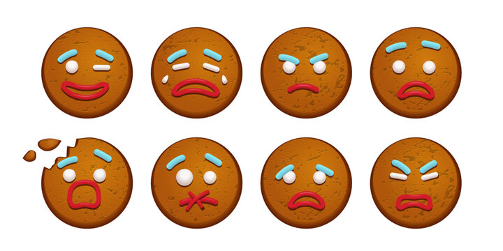 Gingerbread man cookies with different emotions set. Christmas ginger man vector illustration. Happy, cheerful, cute, sad, angry, funny faces of traditional sweet Xmas ginger biscuits