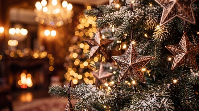 Christmas Tree Decorated with Golden Star Ornaments and Lights