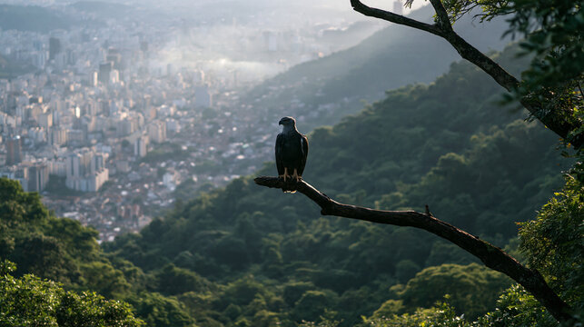 Bird of Prey Perched on Branch Overlooking City