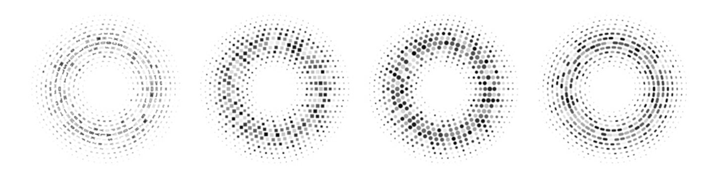Halftone dotted round patterns. Black grain circular shapes with gradient effect on transparent. Abstract graphic geometric monochrome background. Modern futuristic graphic vector illustration set