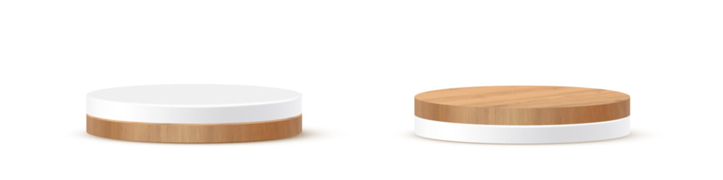 Wooden and white podiums on transparent background. Circle stages display product. Empty circle stand pedestals of natural wood for luxury product presentation. Realistic vector illustration set