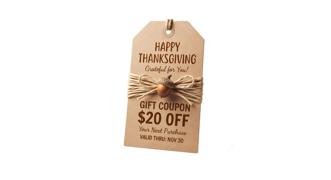 3D Isometric Raffia Wrapped Coupon Tag, Kraft Coupon Card Wrapped with Raffia and Acorn