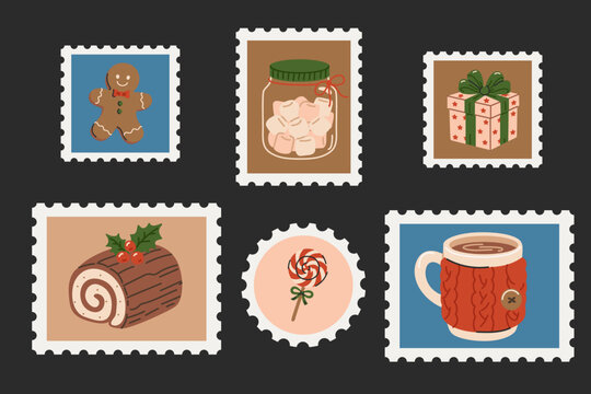 Vintage Christmas Postage Stamps Collection Reindeer Cozy House Sled Yule Log and Hot Cocoa Set