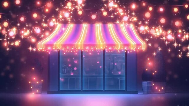 Vibrant neon glow of a colorful storefront at night with festive string lights. Black Friday sale