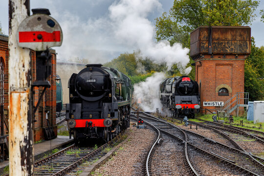 (R5C29325) Giants of Steam No 34059 The Sir Archibald Sinclair and No 71000 The Duke of Gloucester at The Bluebell Railway Sheffield Park East Sussex UK