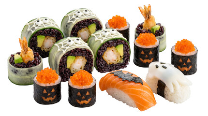 Halloween sushi rolls decorated with spider webs and pumpkins © Reza