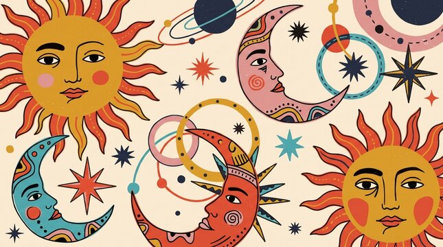 Abstract Folk Art Celestial Sun and Moon Pattern Wall Art