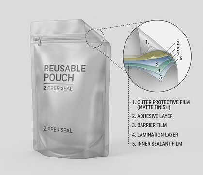 3D illustration of reusable stand up zipper pouch with magnified multilayer film structure cross section, packaging diagram