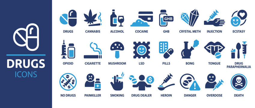Drug addiction icons, 24 narcotic substance symbols, blue vector set.