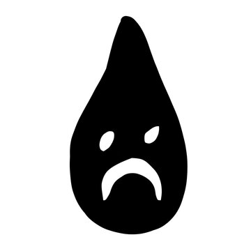 Sad ghost drop silhouette, spooky teardrop spirit with gloomy face, simple black icon art