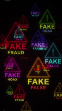 Fake news warning signs, disinformation cyber in red and lime green for fake news, disinformation and cybersecurity stories, news intros, motion graphics animation, vertical seamless 4K loop