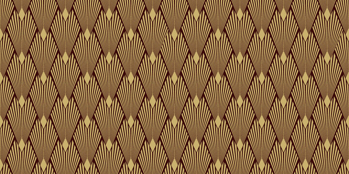 Seamless Art Deco Geometric Pattern Featuring Gold Fan Motifs and Dark Lines on Decorative Background.