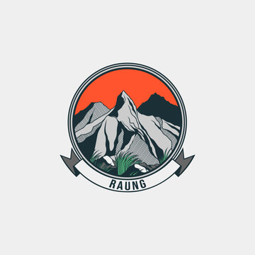 Vintage Raung volcano hiking emblem graphic, circular nature exploration badge with rocky ridge and ribbon banner for t-shirt design