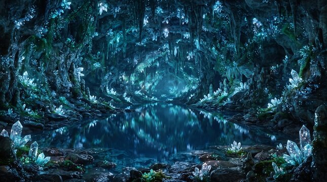 A mystical underground crystal cave featuring glowing bioluminescent formations and stalactites reflecting in a calm subterranean pool of water