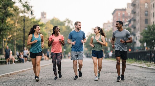 Diverse group of friends enjoying a healthy outdoor run together in a city park on a sunny day