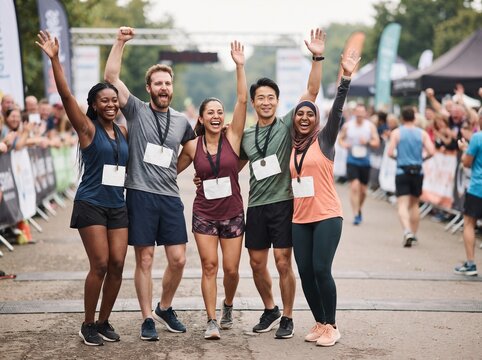 Diverse group of runners celebrating crossing the finish line of a race together with arms raised