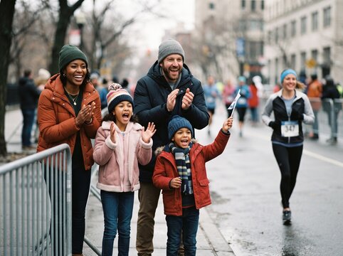 Joyful family cheers for marathon runners on a cold day wearing winter clothing