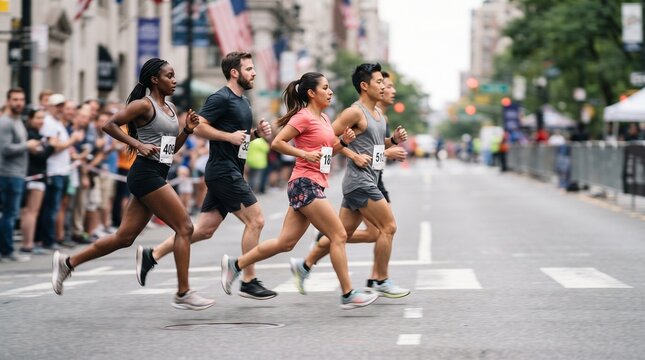 Diverse group of runners competing in an urban marathon race on a city street with spectators watching
