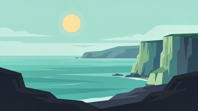 wide angle vector ocean landscape animation showing sea cliffs and sunny sky 