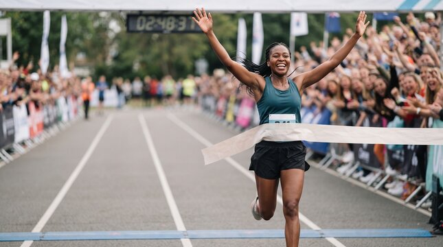 Joyful Black Woman Runner Celebrates Crossing Finish Line in Marathon Race with Arms Raised High