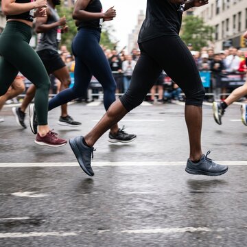 Diverse group of runners in athletic wear competing in a city marathon on a wet street with blurred motion