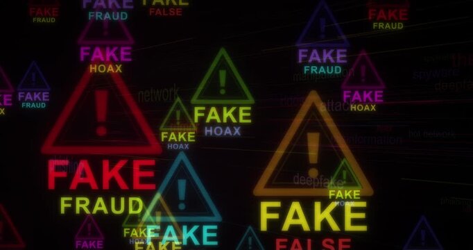 Fake news warning signs, disinformation cyber alert in red and lime green for fake news, disinformation and cybersecurity stories, news intros, motion graphics animation, seamless 4K loop