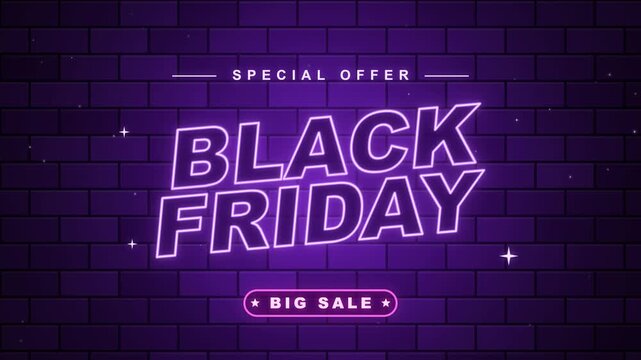 Black Friday purple neon sign animation with glowing text on dark brick wall, big sale badge and floating sparkles, nightlife retail promo motion graphics
