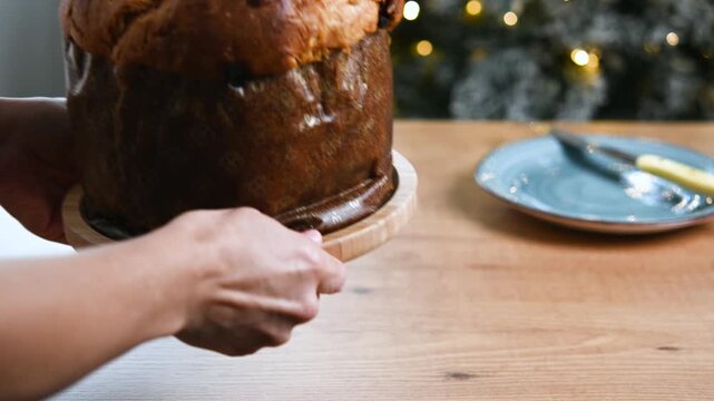 Close-up of a person placing a traditional Italian panettone cake on a table, preparing for Christmas celebrations. Festive holiday food, seasonal traditions and homemade family gatherings.