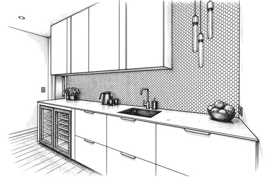 Line art sketch drawing of modern kitchen interior architectural with hexagonal tile backsplash, pendant lights, and under-counter wine cooler vector svg