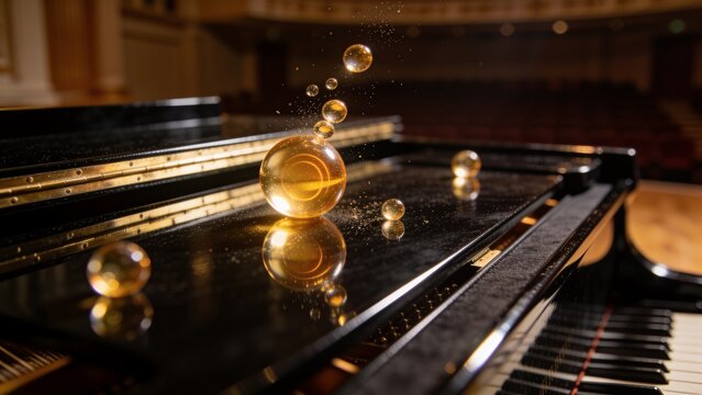 Glowing golden sphere resting on polished grand piano lid at concert hall, reflecting keys