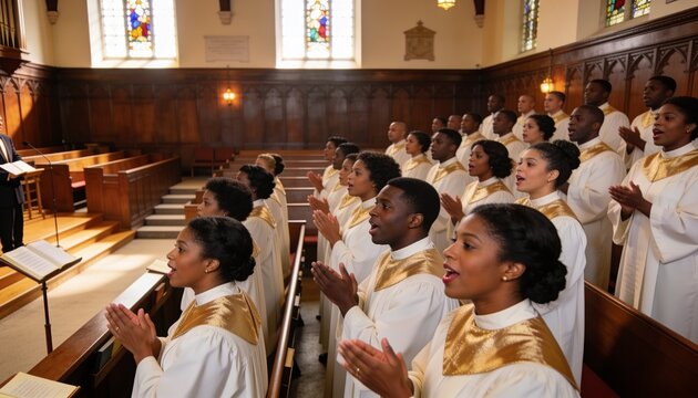 Singing church choir members in white robes with gold stoles standing in sanctuary, holding hymnals