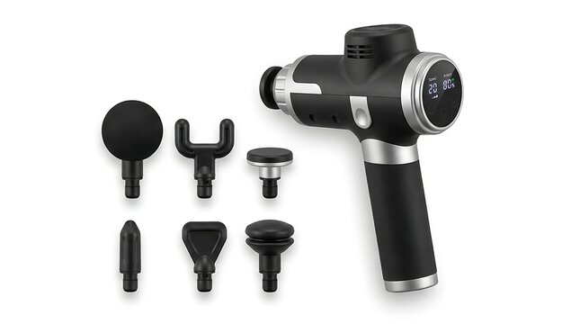 Percussion Massage Gun Set: A high-tech percussion massage gun with multiple interchangeable heads, designed for deep tissue muscle relief and recovery, accompanied by its accessories.