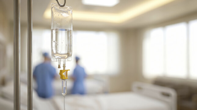 Saline solution bag hangs close inside sunny hospital recovery ward. Clear intravenous fluid container delivers therapy near medical healthcare staff tending unseen patient in clinic.