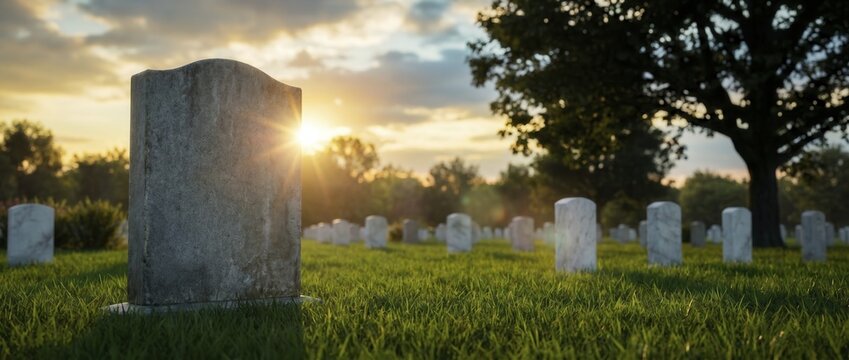 Stone gravestone stands tall within peaceful cemetery landscape during radiant sunset. Solemn memorial markers scatter across lush green meadow grass under golden evening sunburst sky.