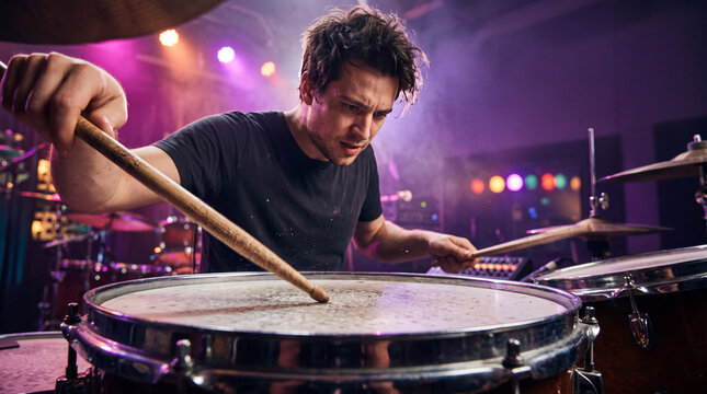 Professional Drummer Performing Live with Dynamic Close Up of Drumsticks and Snare Drum