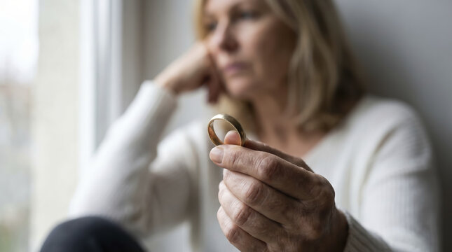 Sorrowful mature woman holds gold wedding band inside home near window, expressing deep divorce sadness while reflecting upon heartbreak, lonely separation, and ending of long relationship.