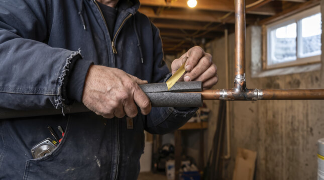 Plumber applies foam pipe insulation onto copper water tubing inside residential basement. Tradesman peels protective adhesive tape strip carefully to secure thermal wrap along metal line.
