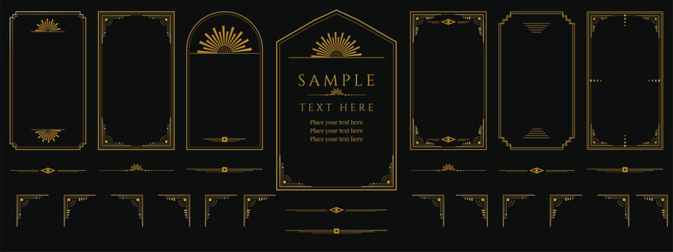 Art deco gold frames on black. Geometric 1920s borders with sunburst arches, stepped corners, ornate dividers and corner elements for gatsby style invitation, menu and poster templates