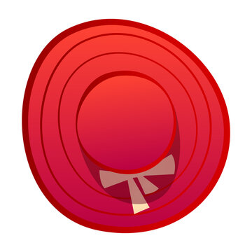 Top view of a bright red elegant sun hat with a decorative ribbon transparent background