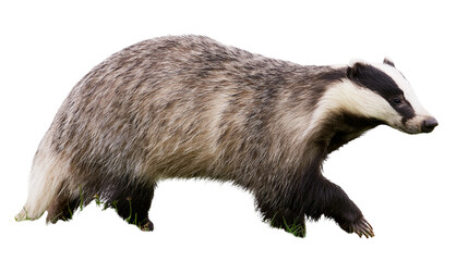 European badger walking with striped face and coarse grey fur © Otso