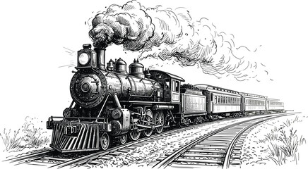 Vintage steam locomotive engine pulling passenger train on curved railroad tracks engraving sketch monochrome vector artwork © MDRIFAT