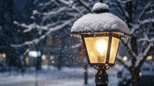 Warm lantern shines amid evening blizzard while thick snow caps ornate street lamp fixture. Falling snowflakes sparkle against dark winter twilight atmosphere near snow covered tree branches.