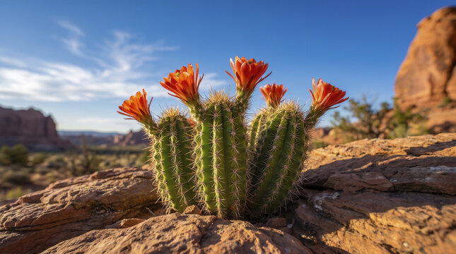 Flowering succulent thrives amid rocky desert environment, opening bright red orange blossoms over sharp spines, while weathered sandstone boulders spread across scenic outdoor wilderness.