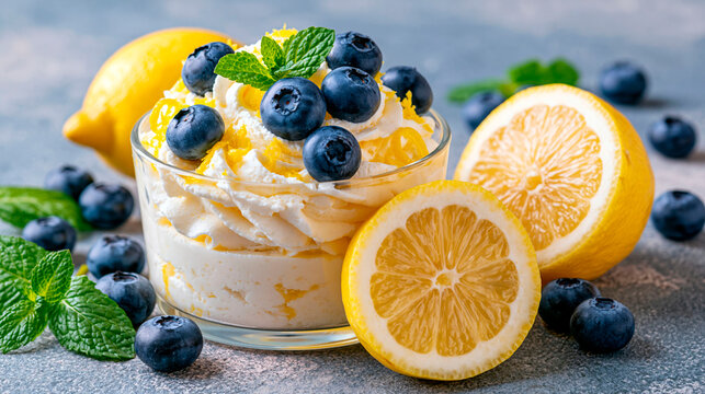 Creamy lemon dessert topped with fresh blueberries and mint, refreshing citrus mousse with berries served in glass bowl