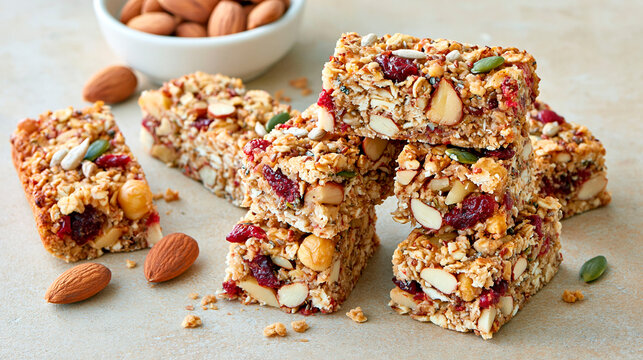 Homemade granola bars with almonds, cranberries, oats and seeds, healthy nutritious snack packed with nuts and dried fruit