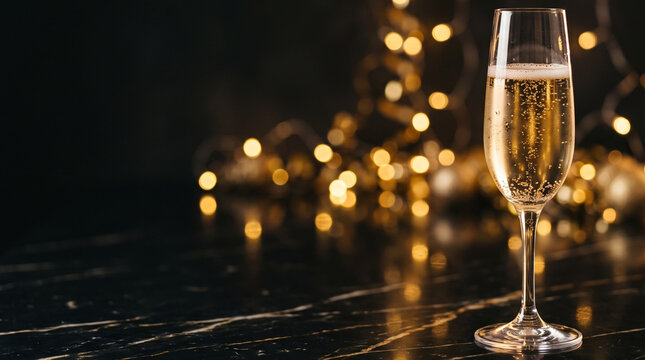 Sparkling champagne glass with rising bubbles and golden bokeh lights on dark background with copy space for New Year