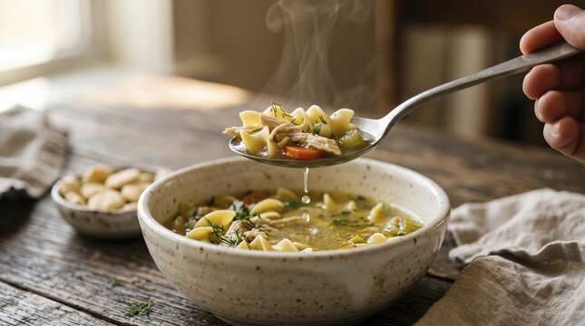 Steaming chicken noodle soup fills spoon held by person above ceramic bowl. Hearty broth contains pulled chicken meat and egg noodles, creating appetizing meal experience in daytime dining room.